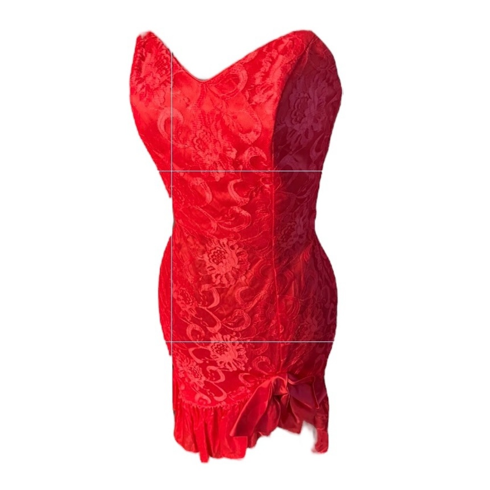 L A GLO VTG Coral Party Dress Prom Dress SZ 7/8 Lace Overlay Strapless Body-con